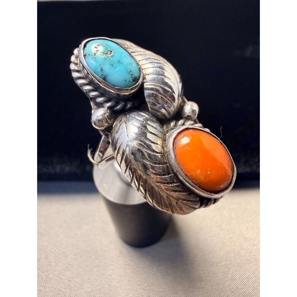 Vintage Navajo Sterling Silver Turquoise & Coral Leaf Ring size 6.5